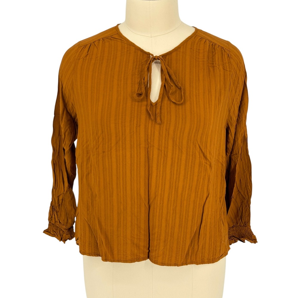 Knox Rose Blouse Burnt Orange Tie Neck Smocked Cuff 100% Rayon XXL